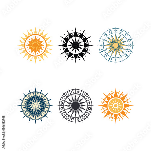 Collection of Six Sun Symbol Designs with Celestial and Mystical Elements