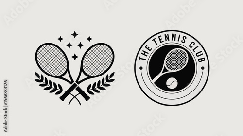 Two tennis racket logos with stars and leaves and a tennis club logo on a light background