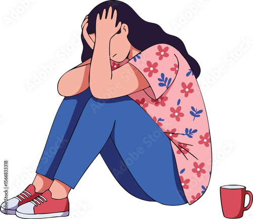 Young woman sitting on floor holding head feeling stressed and overwhelmed vector illustration