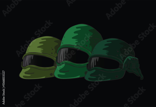 Modern tactical helmet reflecting on dark surface with red background