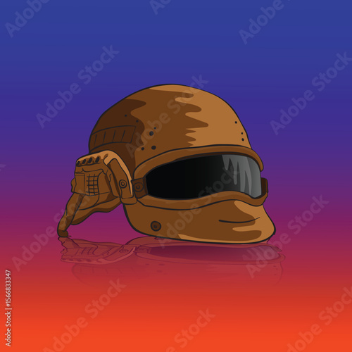 Modern tactical helmet reflecting on dark surface with red background