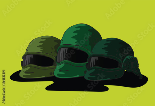 Modern tactical helmet reflecting on dark surface with red background
