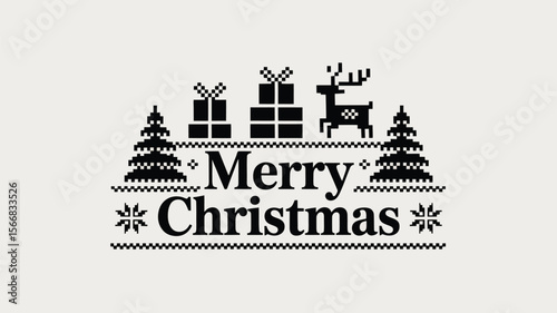 Pixelated merry christmas design with trees gifts and a reindeer on a light background