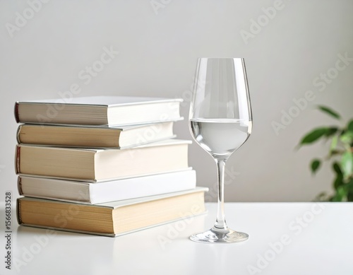 Stacked books next to a glass of water, minimalist aesthetic