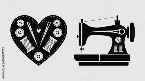 Black and white image of a sewing machine and heart with sewing accessories illustration art