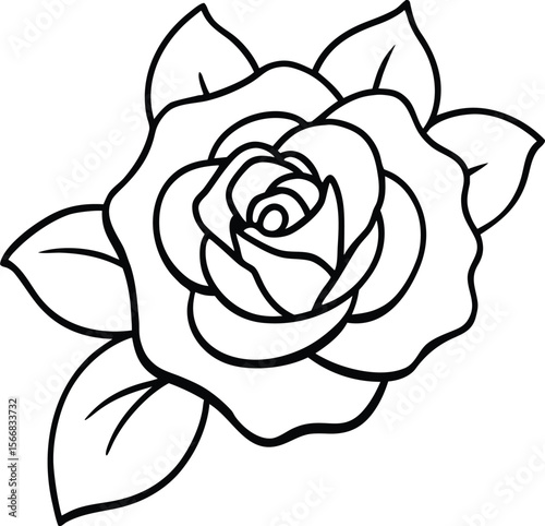Hand drawn vintage rose with detailed petals and leaves in classic style line art