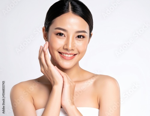 Smiling woman with clear skin, holding hands near face