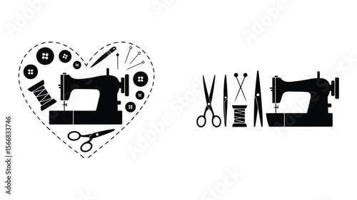 Sewing themed graphic with machine buttons threads and scissors in black and white design elements