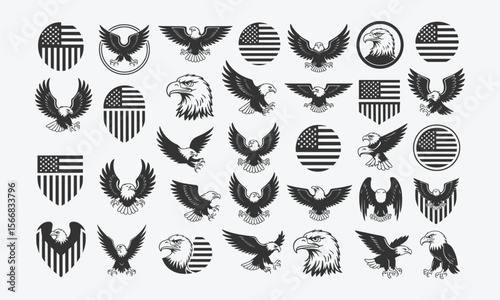 Collection of Patriotic American Eagle and Flag Designs Representing National Pride, Strength, and Freedom
