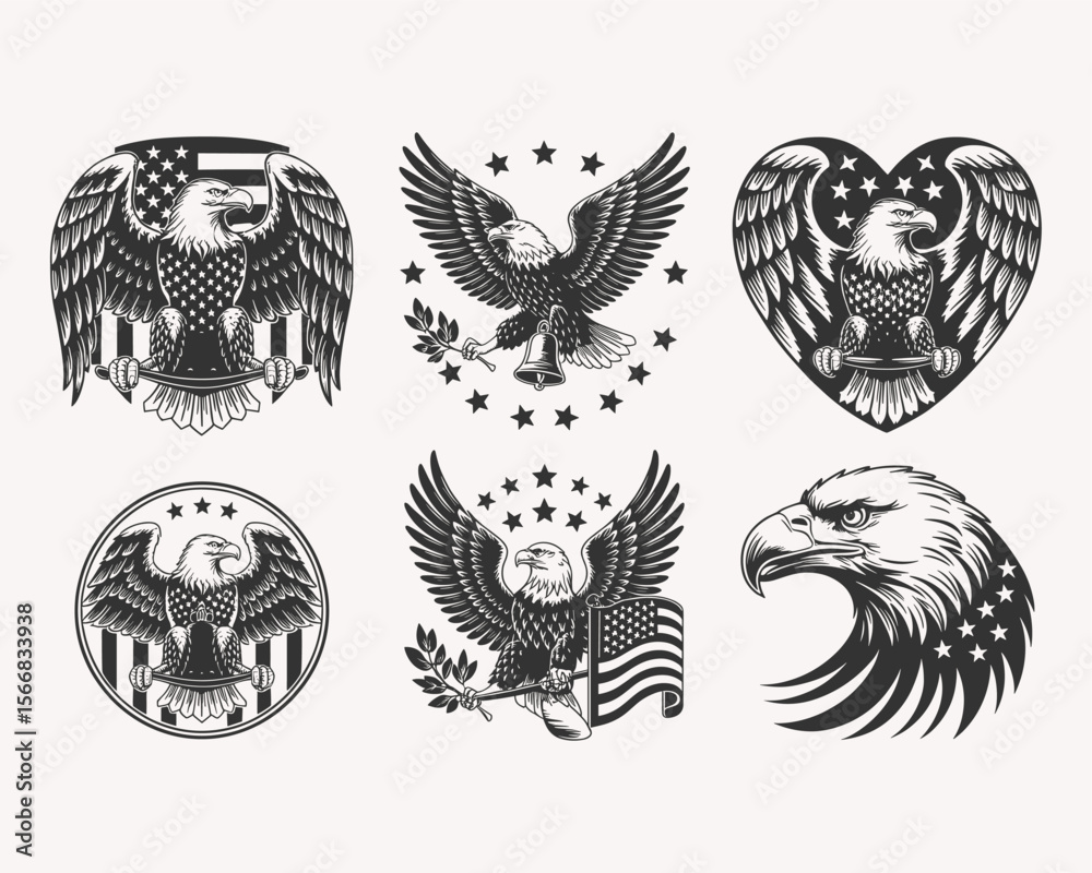 Obraz premium Patriotic American Eagle Designs with USA Flags, Hearts, Stars, and National Symbols Representing Freedom and Strength