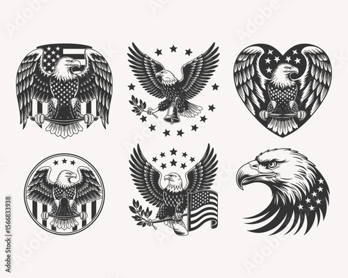 Patriotic American Eagle Designs with USA Flags, Hearts, Stars, and National Symbols Representing Freedom and Strength