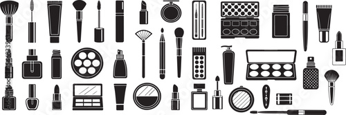 Collection of black and white cosmetics and beauty products
