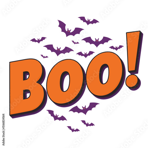 A stylized Halloween illustration featuring the word
"BOO!" in large orange 3D letters with purple shadows. The letters have a retro, vintage style with rounded edges and a dimensional effect
