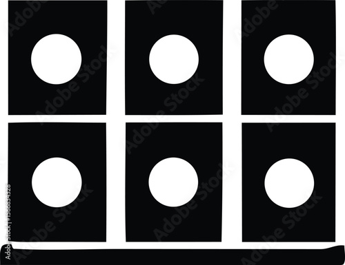 Six identical white circles centered within six black squares arranged in two rows of three with a thick black horizontal line below