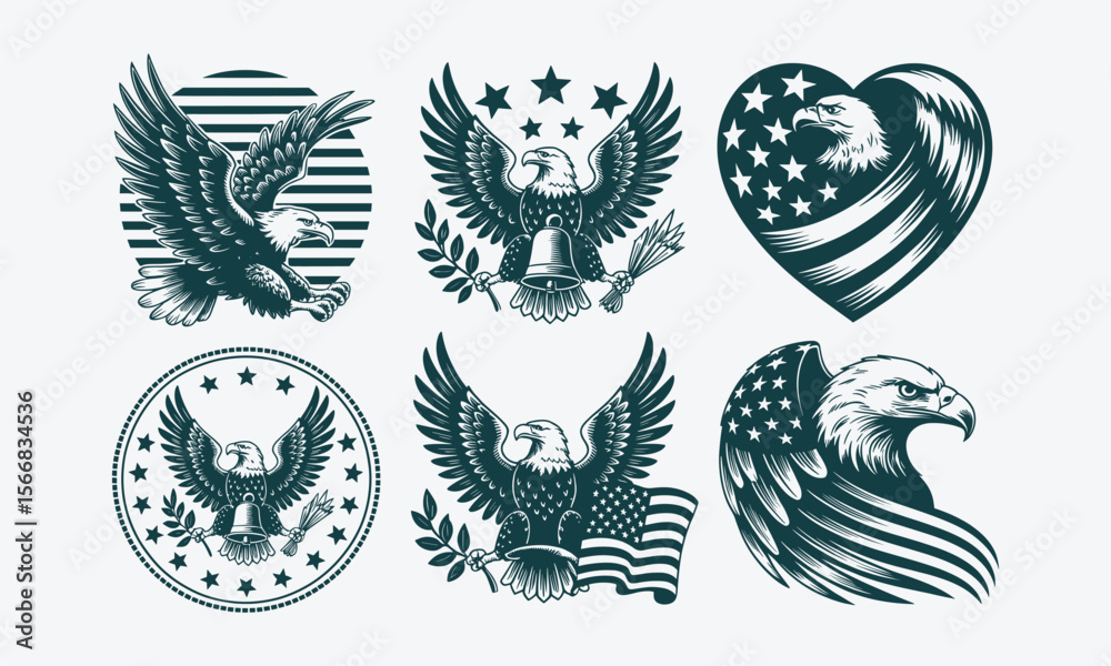 Obraz premium Patriotic Eagle Designs with USA Flags, Stars, and Shields Representing National Pride, Freedom, and Strength
