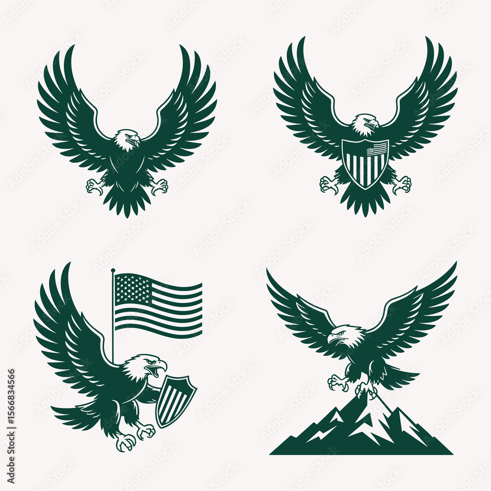 Fototapeta premium Patriotic Eagle Designs with USA Flags, Shields, and Mountains, Symbolizing Freedom, Strength, and National Pride