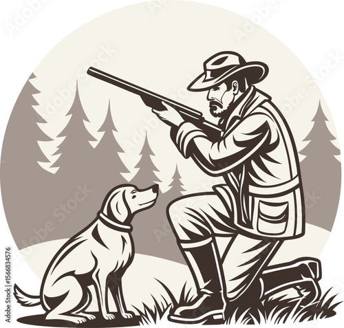 Hunter and Dog in Forest: Vintage Hunting Scene Illustration