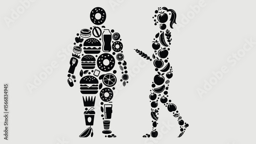 Comparison of a man made of junk food and a woman made of healthy food in black and white art