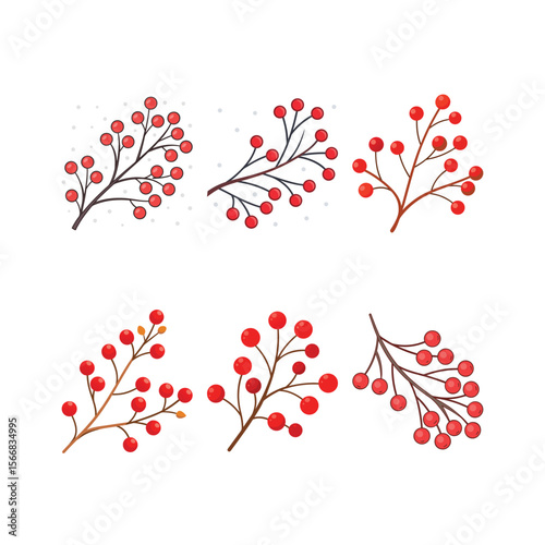 Set of Six Red Berries Sprigs Isolated on White Background