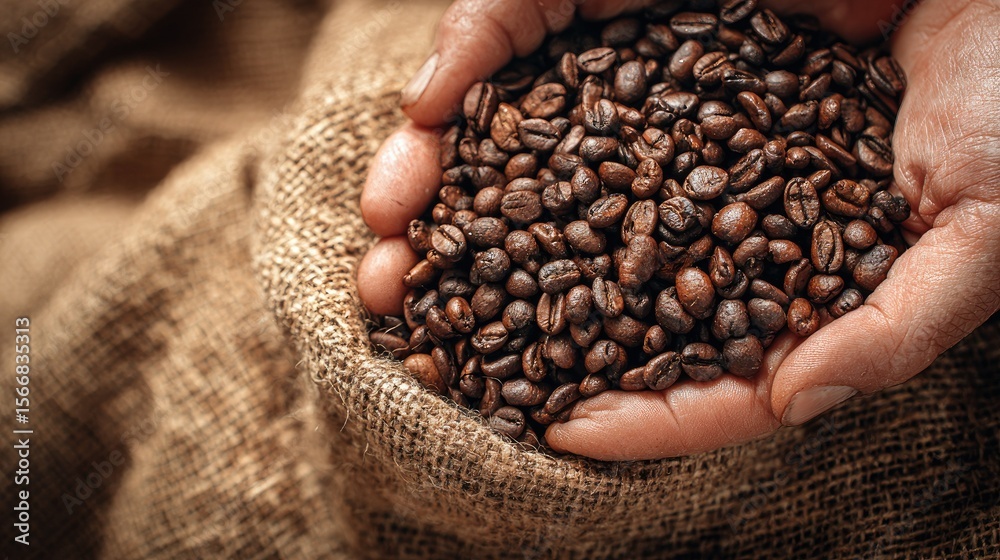 Fototapeta premium Coffee beans held in hands over burlap