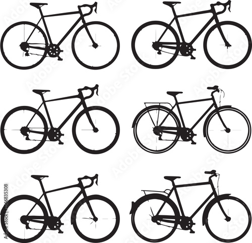 Black bicycle silhouettes various styles bikes cycling