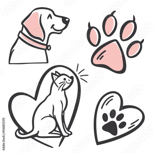 Set of 4 doodle icons for a pet insurance. White background.