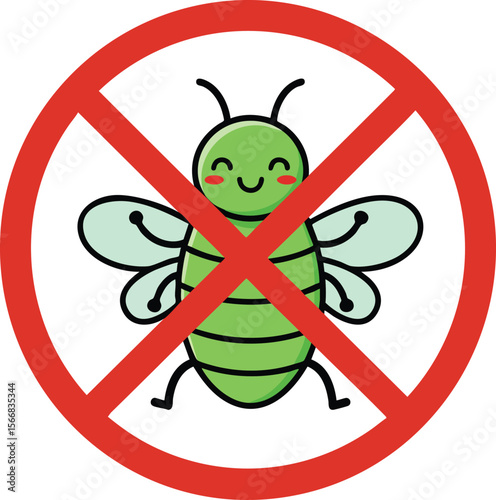 Cute green insect with prohibition sign no bug pest control symbol vector illustration