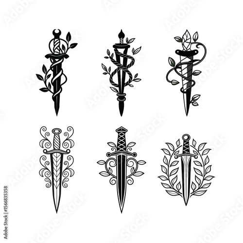 Dagger and Foliage Tattoo Designs in Black and White Style