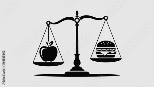 A balance scale holding an apple and a burger symbolizing healthy versus unhealthy food choices