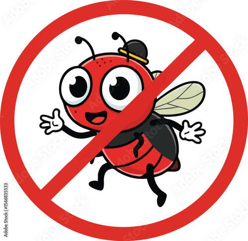 Cartoon ladybug wearing hat inside red prohibition circle vector no entry symbol design