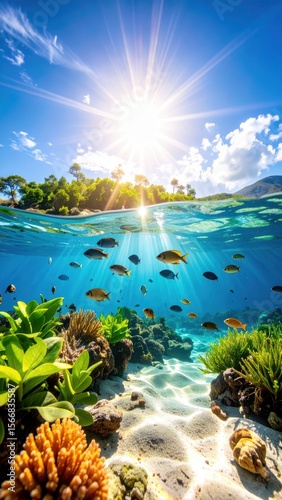 Sunlit, vibrant coral reef scene with fish, island, and sky
