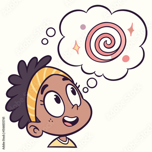 Young girl imagining colorful swirl graphic in thought bubble  
