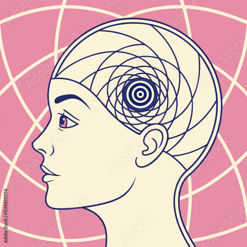 Line art head with hypnotic spiral eye, vector, color, transparent copy space