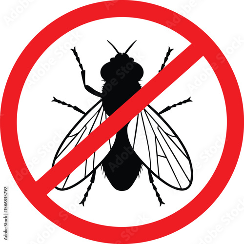 Fly Insect Prohibited Sign Vector Illustration with Red Circle and Slash Symbol for Pest Control or Warning Purposes