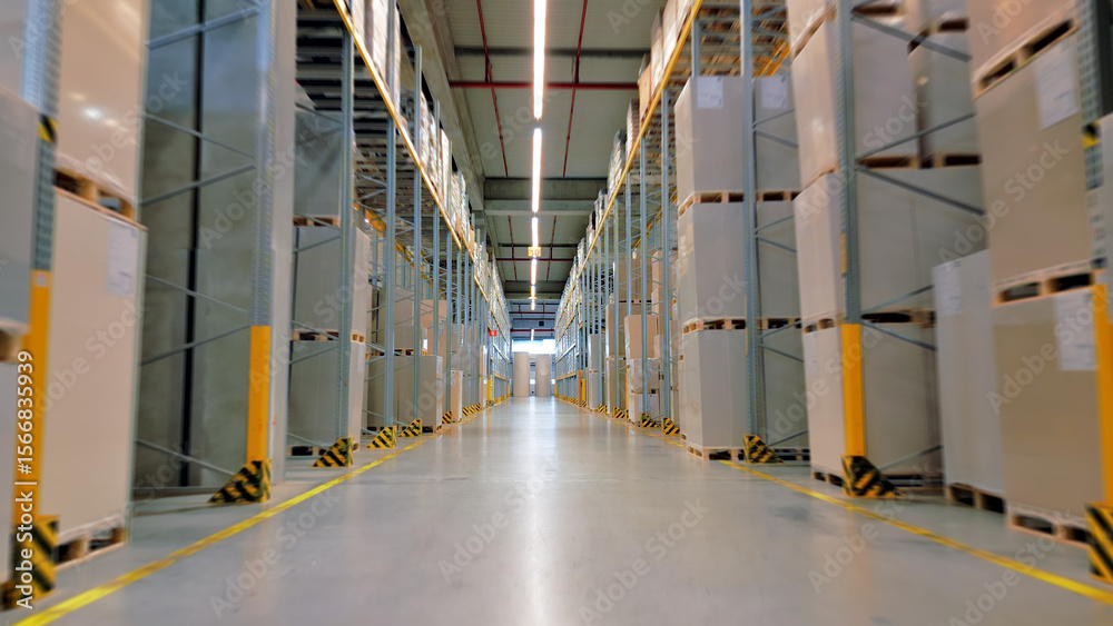 Fototapeta premium In a vast warehouse, industrial operators manage global supply chains. Low-angle shots capture towering shelves filled with cargo, symbolizing efficiency and the intricate dance.