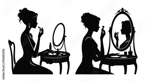 Silhouette of women applying makeup at vanity tables with mirrors in a black and white image
