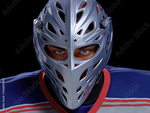 Hockey goalie wearing a silver mask and blue jersey, intensely focused on the game, showcasing determination and skill in a competitive sports environment