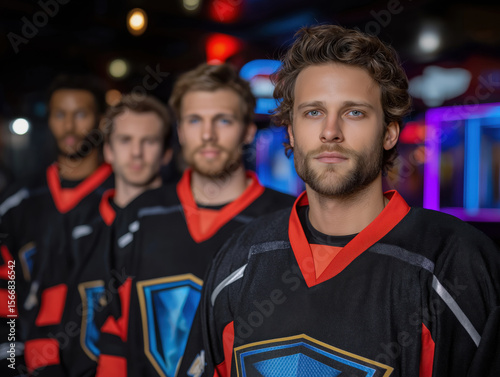 Group of male hockey players wearing black and red jerseys, standing in formation with focused expressions, showcasing teamwork and athleticism in a vibrant sports environment