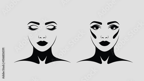 Two graphic face illustrations showing makeup application on a woman with closed and open eyes