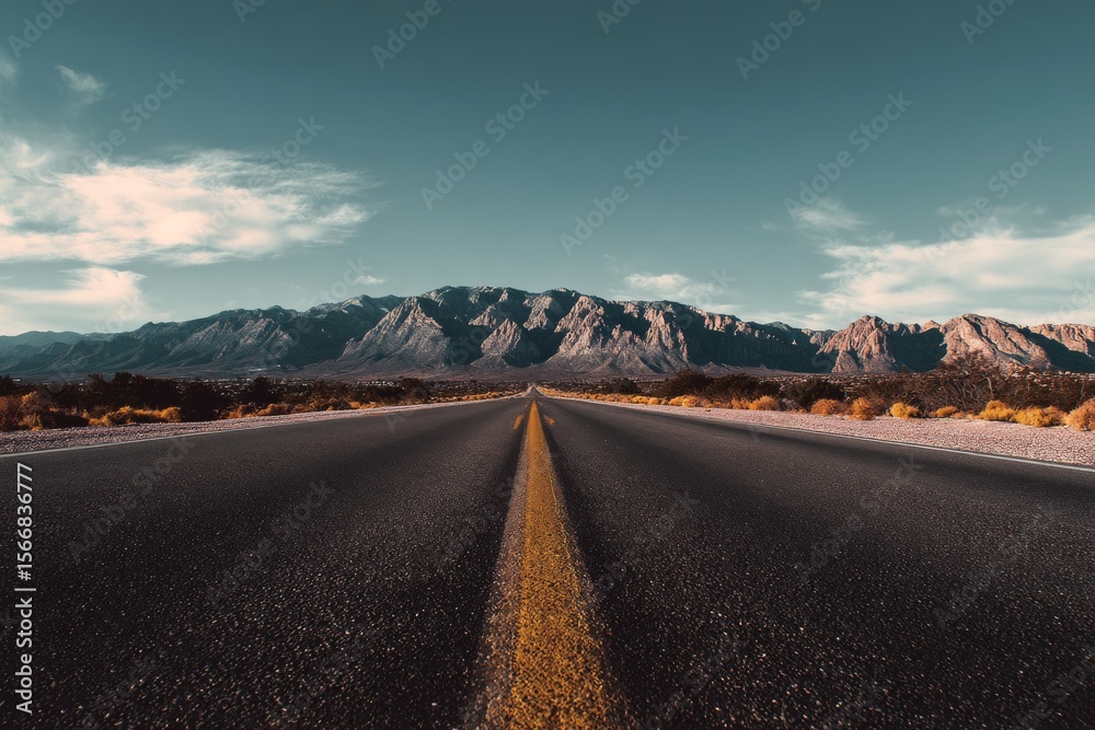 Naklejka premium Open Road Ahead A Journey Through Majestic Mountains Under a Clear Sky