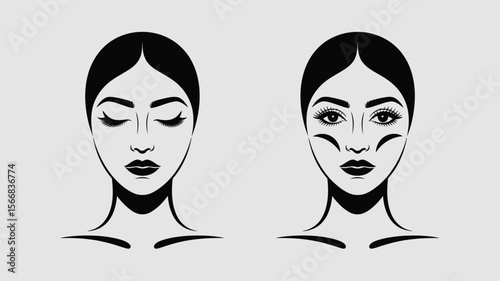 Two female faces showing before and after makeup application in black and white illustration