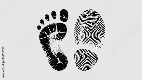 Black footprint and fingerprints on a white background in a graphic style image art