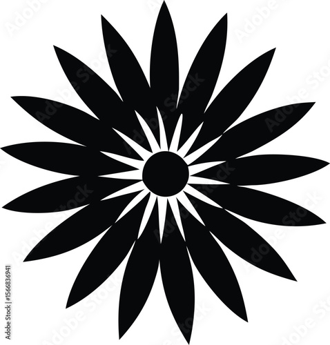 A striking black and white graphic illustration of a stylized flower with many pointed petals radiating from a central dark circle