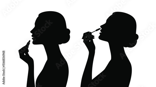 Two female silhouettes applying makeup with lipstick and mascara on a white background art image