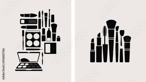 Two panels showing various makeup products and brushes in a minimalist black and white style