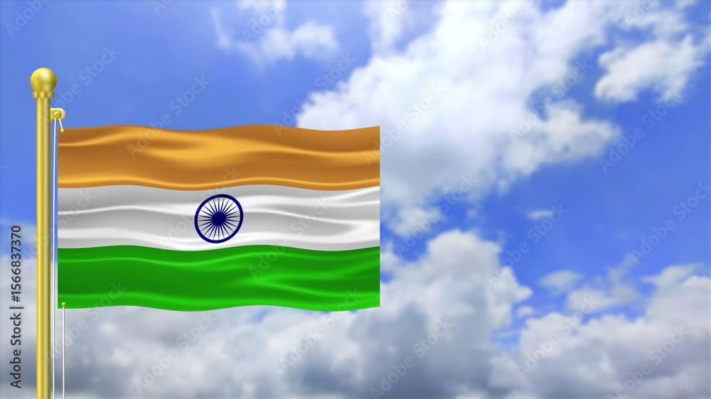indian tricolour flag flying in beautiful blue sky with cloud time lapse. indian national flag waving in bright sunny day clip with golden flag pole.