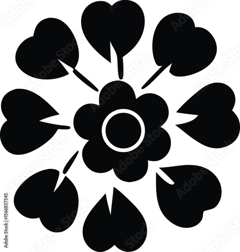 Stylized black flower icon with heart shaped petals radiating outward from a central circle