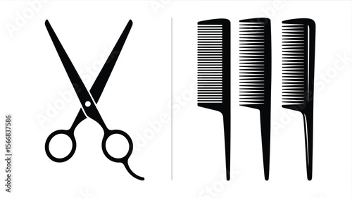 A graphic depiction of scissors and three combs isolated on a white background in black color