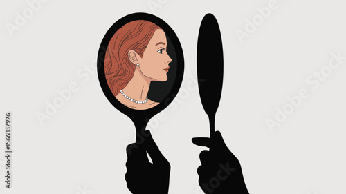 Woman's profile in a mirror held by a hand shadow with a second shadow next to the mirror
