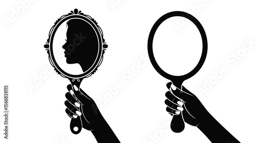 Two hands holding mirrors one with a silhouette and one blank on a white background art